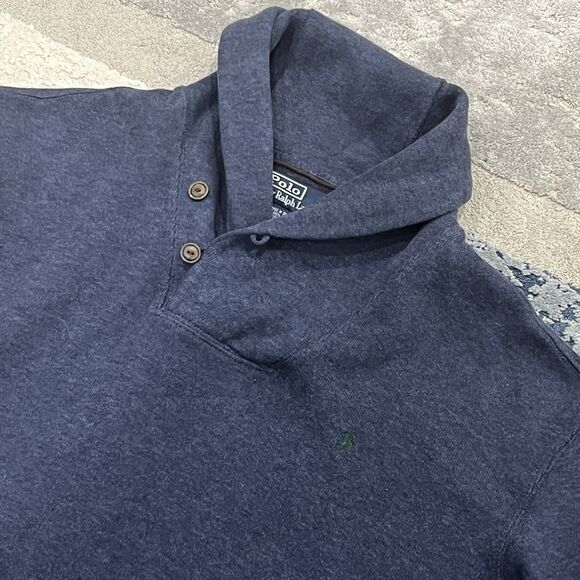 Polo Ralph Lauren Sweater Men's Sz L Blue Shawl Collar Pullover Elbow Patch - Picture 1 of 8